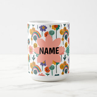 Retro bloem- en regenboogdoodle aangepaste naam ko koffiemok