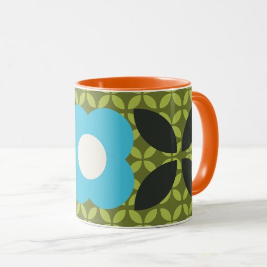 Retro Bloem, Geo Patroon Lichtblauw en Groen Mok (Voorkant rechts)