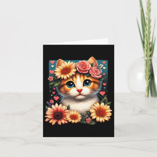 Retro Bloem Kat Liefde Kunst Kitten Met Bloemen An Kaart (Voorkant)