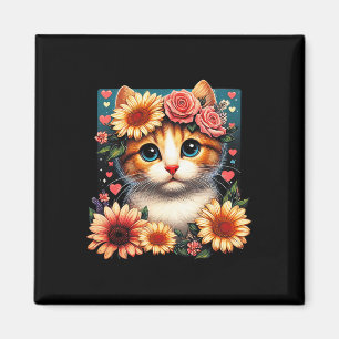 Retro Bloem Kat Liefde Kunst Kitten Met Bloemen An Magneet