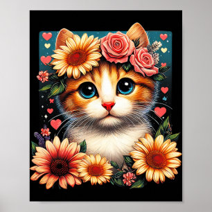 Retro Bloem Kat Liefde Kunst Kitten Met Bloemen An Poster