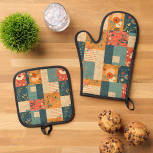 Retro-bloem-lap-quilt Ovenwant & Pannenlap Set