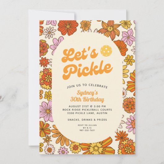 Retro Bloem Macht Patroon Pickleball Partij Kaart (Voorkant)