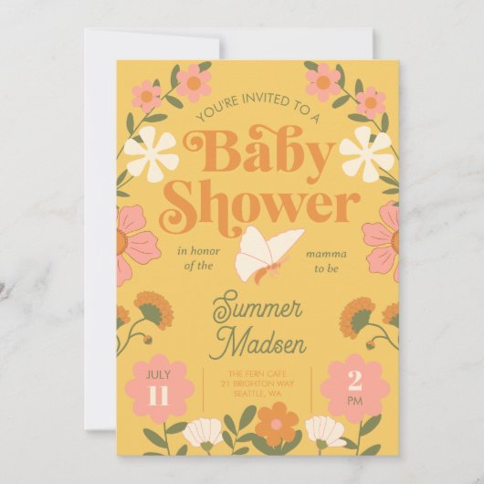 Retro Bloem Mosterd Geel Baby shower Uitnodiging (Voorkant)