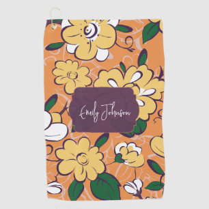 Retro Bloem Orange Geel Wit Aangepaste Naam Golfhanddoek