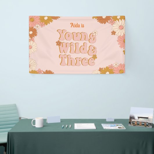 Retro bloemen Boho 3e verjaardag achtergrond Spandoek (Beurs)