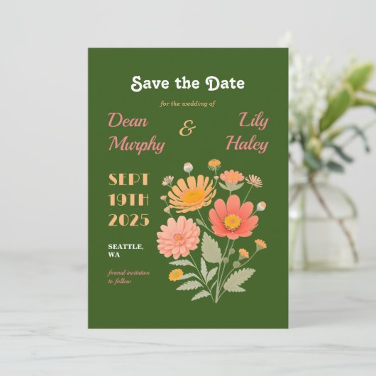 Retro Bloemen Bruiloft Save the Date (Staand voorkant)