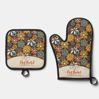Retro Bloemen Bruin Goud Blauwgroen Gepersonalisee Ovenwant & Pannenlap Set