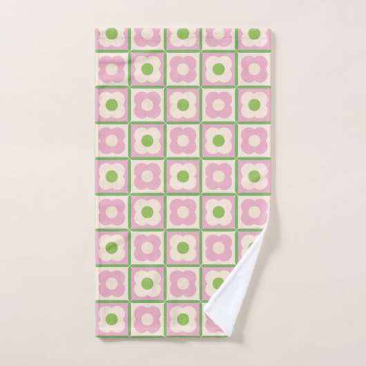 Retro Bloemen Checker Patroon Roze en Groen Bad Handdoek (Handdoek)