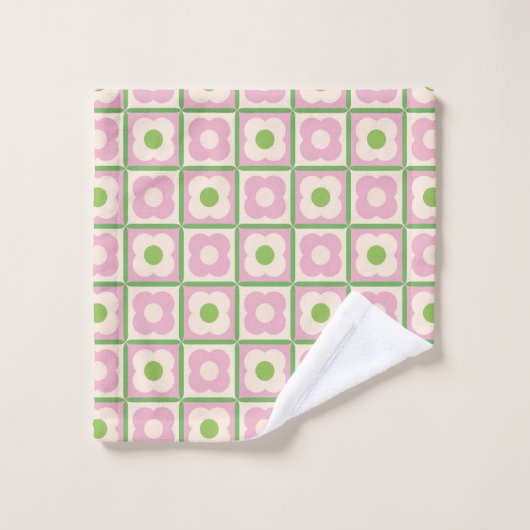 Retro Bloemen Checker Patroon Roze en Groen Bad Handdoek (Wasdoekje)