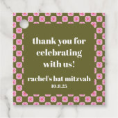 Retro Bloemen Checkerboard Roze Groene Vleermuis M Bedankjes Labels (Voorkant)