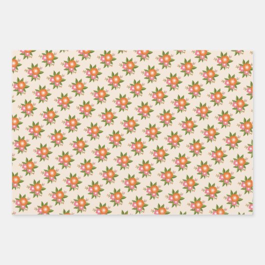 Retro Bloemen en dambord Roze Sinaasappel Groen Inpakpapier Vel (Voorkant 2)