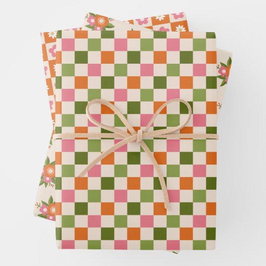 Retro Bloemen en dambord Roze Sinaasappel Groen Inpakpapier Vel (In situ)