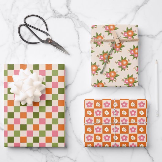 Retro Bloemen en dambord Roze Sinaasappel Groen Inpakpapier Vel (Voorkant)