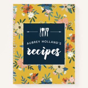 Retro Bloemen Geel Blauw Bloemen Patroon Recepten Notitieboek