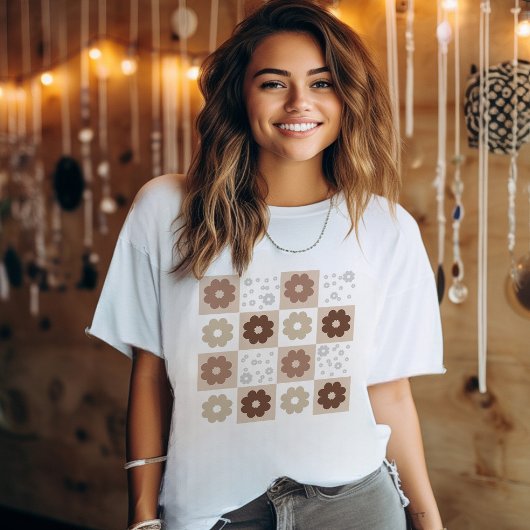 Retro bloemen geruit T-shirt