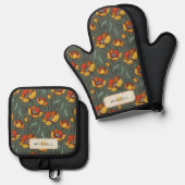 Retro Bloemen Groen Goud Sinaasappel Gepersonalise Ovenwant & Pannenlap Set (Voorkant / Achterkant)