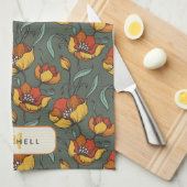 Retro Bloemen Groen Goud Sinaasappel Gepersonalise Theedoek (Quarter Fold)