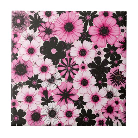 Retro bloemen in roze en zwart tegeltje (Voorkant)
