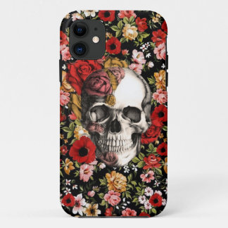Retro bloemen met schedelpatroon iPhone 11 hoesje