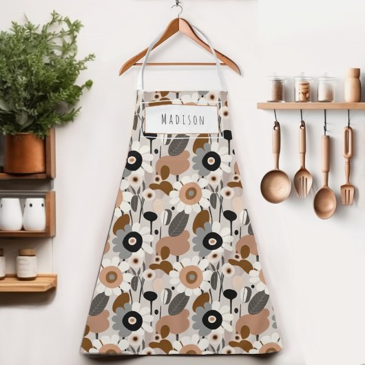 Retro Bloemen Midden-eeuws Modern Naam Schort