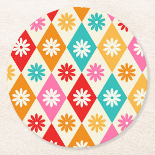 Retro bloemen op kleurrijke Harlekijn ruiten Ronde Kartonnen Onderzetter