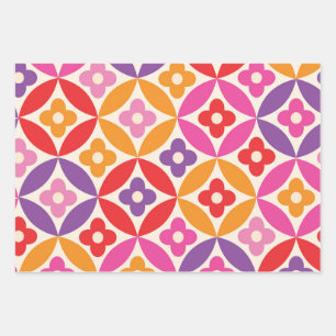 Retro Bloemen op Mid Century Circles Patroon Inpakpapier Vel