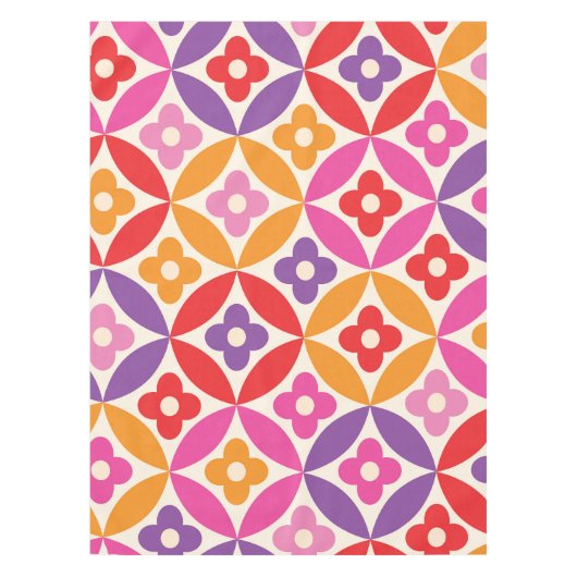Retro Bloemen op Mid Century Circles Patroon Tafelkleed (Voorkant)