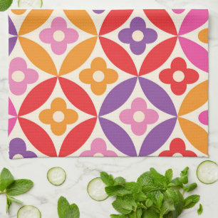 Retro Bloemen op Mid Century Circles Patroon Theedoek