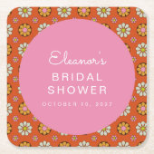 Retro Bloemen Oranje Roze Bruidsdouche Custom Vierkante Kartonnen Onderzetter (Voorkant)