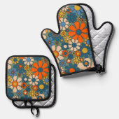 Retro Bloemen Patroon 60s 70s Esthetisch Ovenwant & Pannenlap Set (Voorkant / Achterkant)