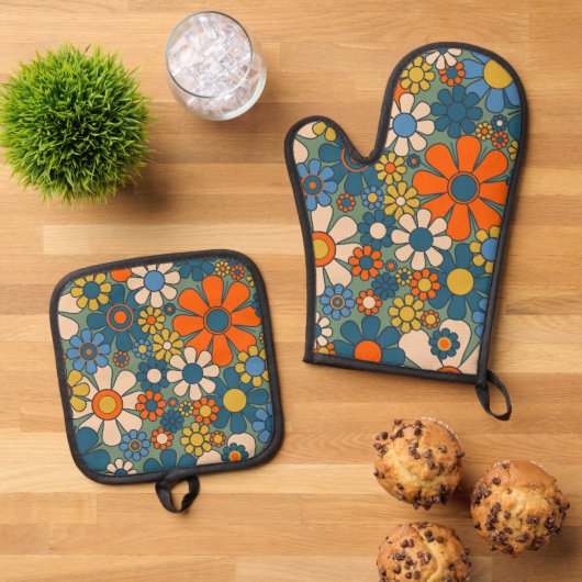 Retro Bloemen Patroon 60s 70s Esthetisch Ovenwant & Pannenlap Set (Top down)