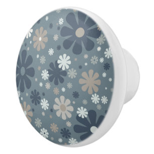 Retro Bloemen Patroon in Staal Blauw Keramische Knop