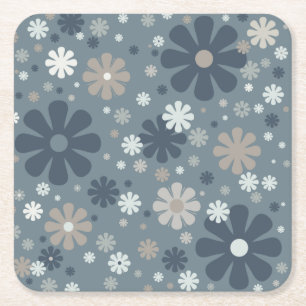 Retro Bloemen Patroon in Staal Blauw Vierkante Kartonnen Onderzetter