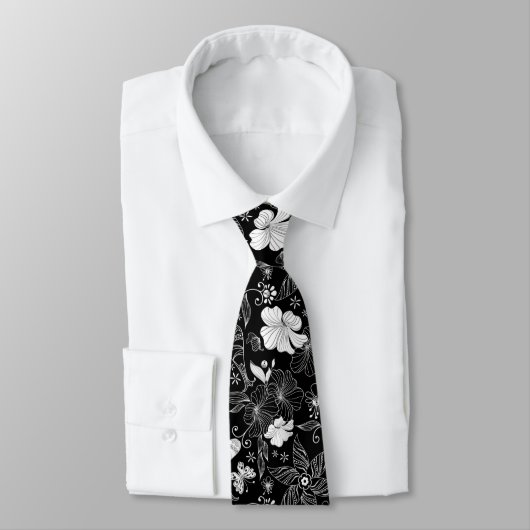 Retro Bloemen Patroon Zwart & Wit Stropdas (Gebonden)
