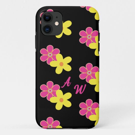 Retro Bloemen Roze Geel & Zwart Gepersonaliseerd Case-Mate iPhone Case (Achterkant)