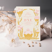 Retro Bloemen Roze Goud 1e Verjaardag Kaart