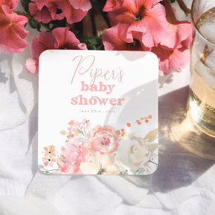Retro Bloemen Roze Meisje Baby Shower Vierkante Kartonnen Onderzetter