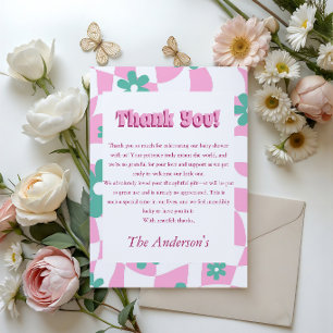 Retro Bloemen Roze Schachboard Baby Shower Bedankkaart
