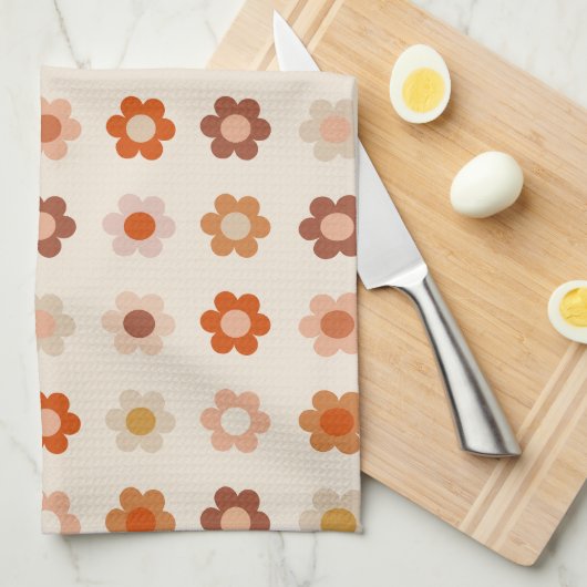 Retro Bloemen Terracotta Beige Theedoek (Quarter Fold)