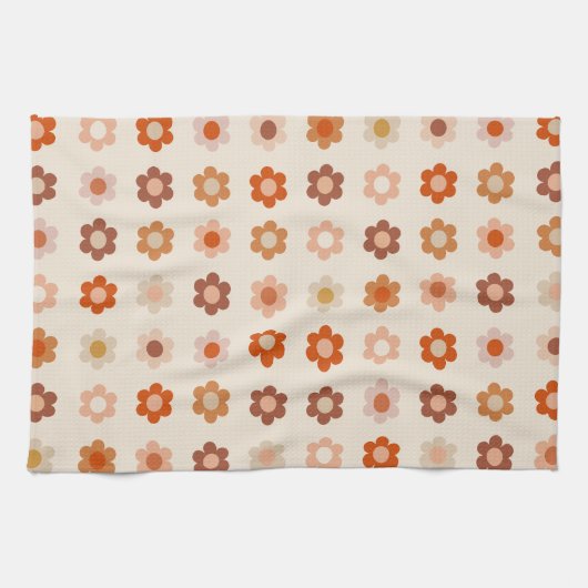 Retro Bloemen Terracotta Beige Theedoek (Horizontaal)
