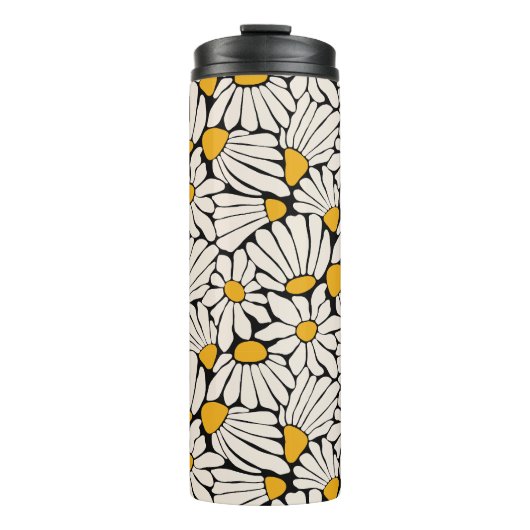 Retro Bloemen zwart geel blokprint Thermosbeker (Voorkant)