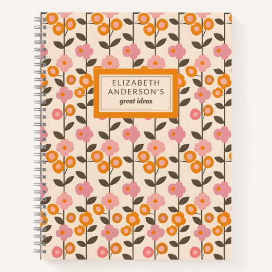 Retro bloemenbladpatroon monogram notitieboek (Voorkant)