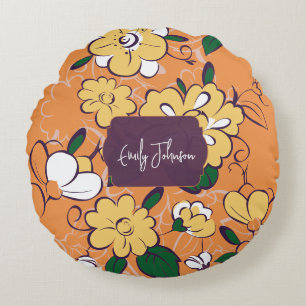 Retro bloemendais oranje herfst eigen naam rond kussen