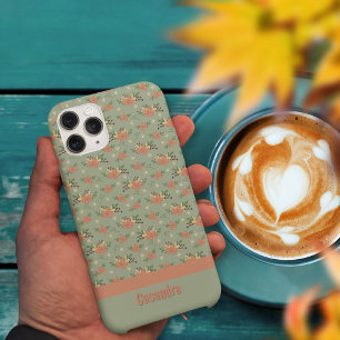 Retro bloemenherfst groen patroon op maat iPhone 15 pro case