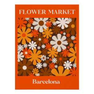 Retro Bloemenmarkt Barcelona 60s 70s Sinaasappel B Perfect Poster