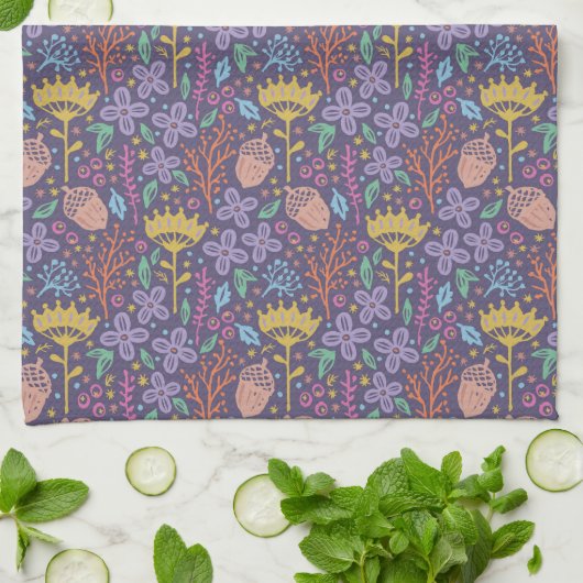 Retro bloemenontwerp met bloemen en vruchten. theedoek (Gevouwen)