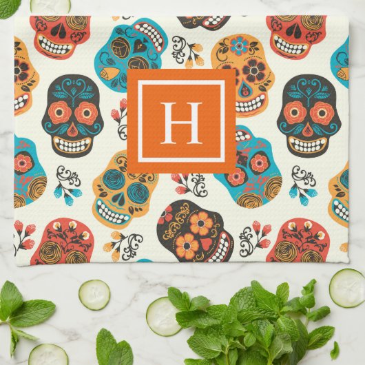 Retro bloemenschedels patroonmonogram theedoek (Gevouwen)