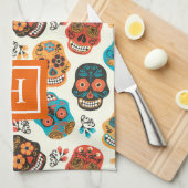 Retro bloemenschedels patroonmonogram theedoek (Quarter Fold)