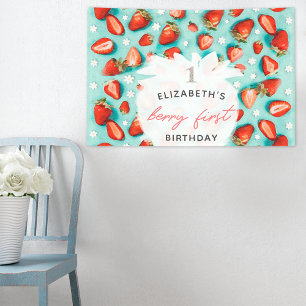 Retro Bloemig Bes Eerste Aardbei Verjaardag Spandoek